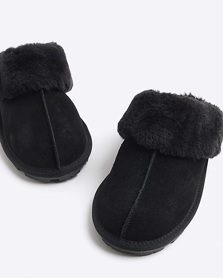 Black Suede Faux fur Lining Mule Slippers