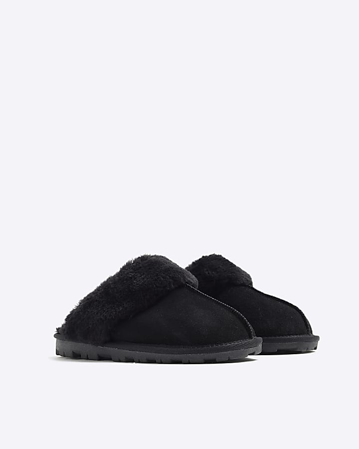 Black Suede Faux fur Lining Mule Slippers