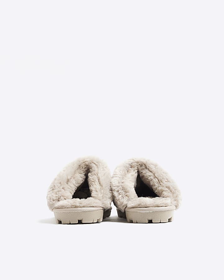 Grey Suede Faux fur Lining Mule Slippers