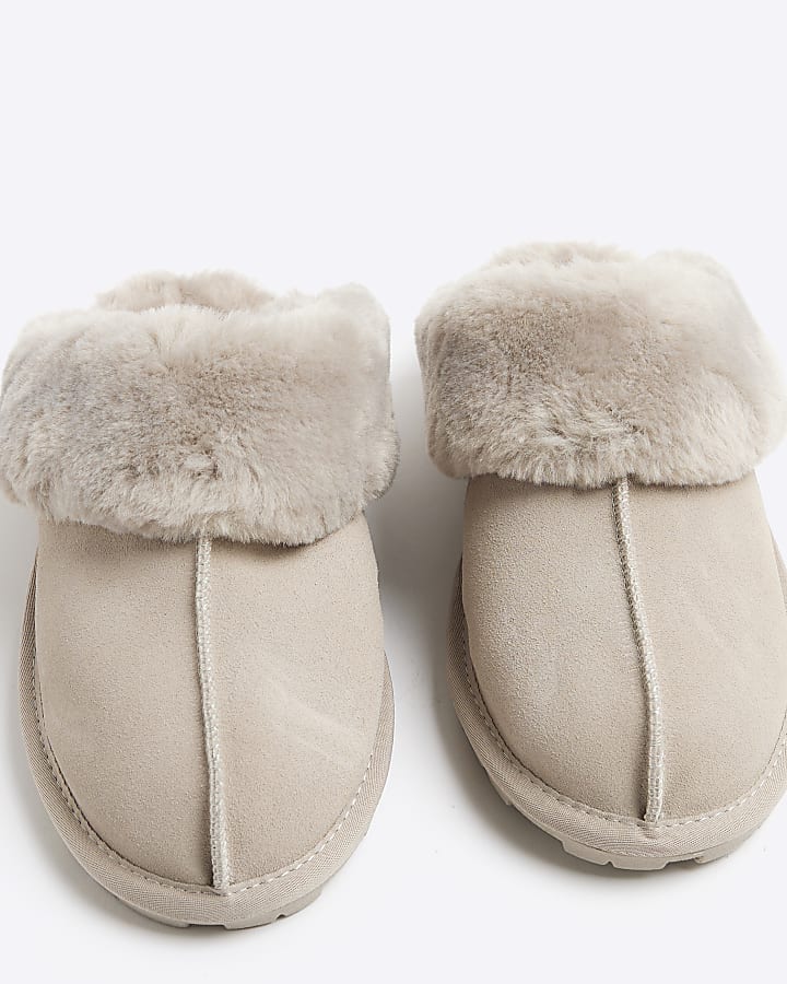 Grey Suede Faux fur Lining Mule Slippers