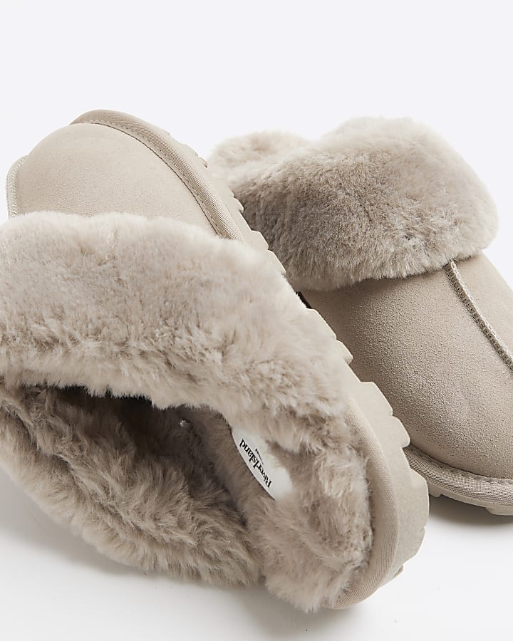 Grey Suede Faux fur Lining Mule Slippers