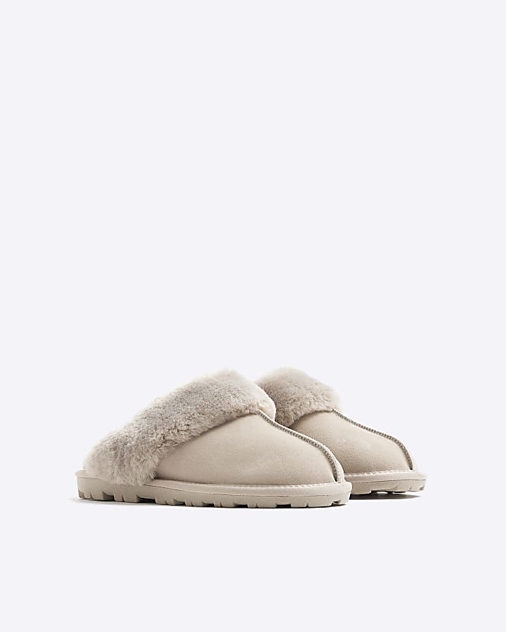 Grey Suede Faux fur Lining Mule Slippers