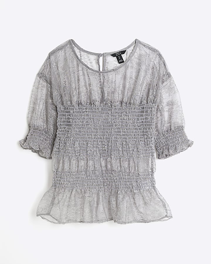 Grey Lace Shirred Peplum Top