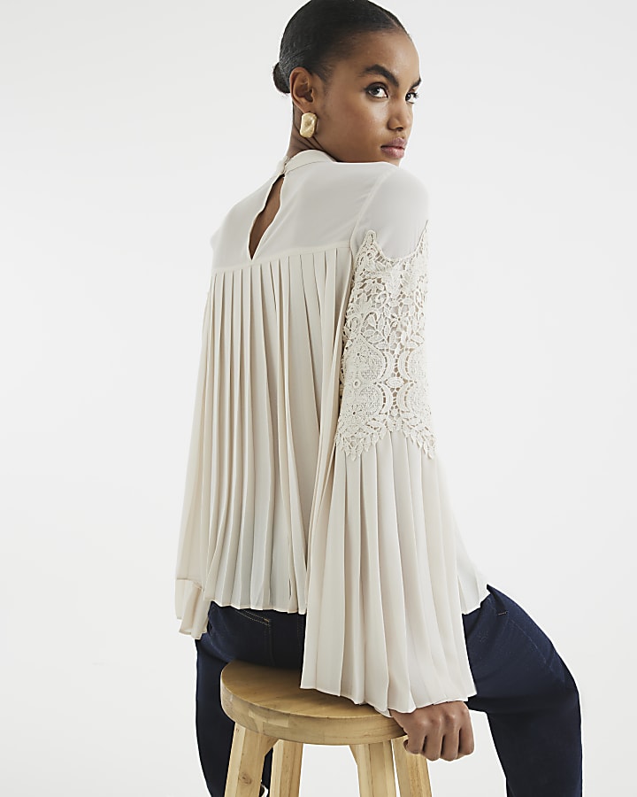 Cream Lace Applique Pleated Blouse