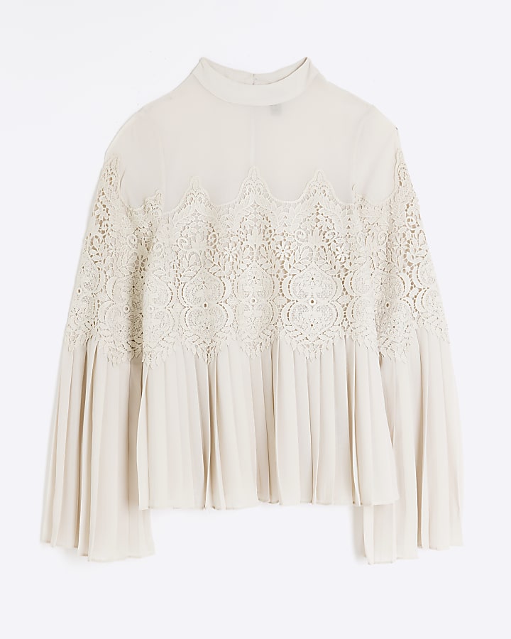 Cream Lace Applique Pleated Blouse