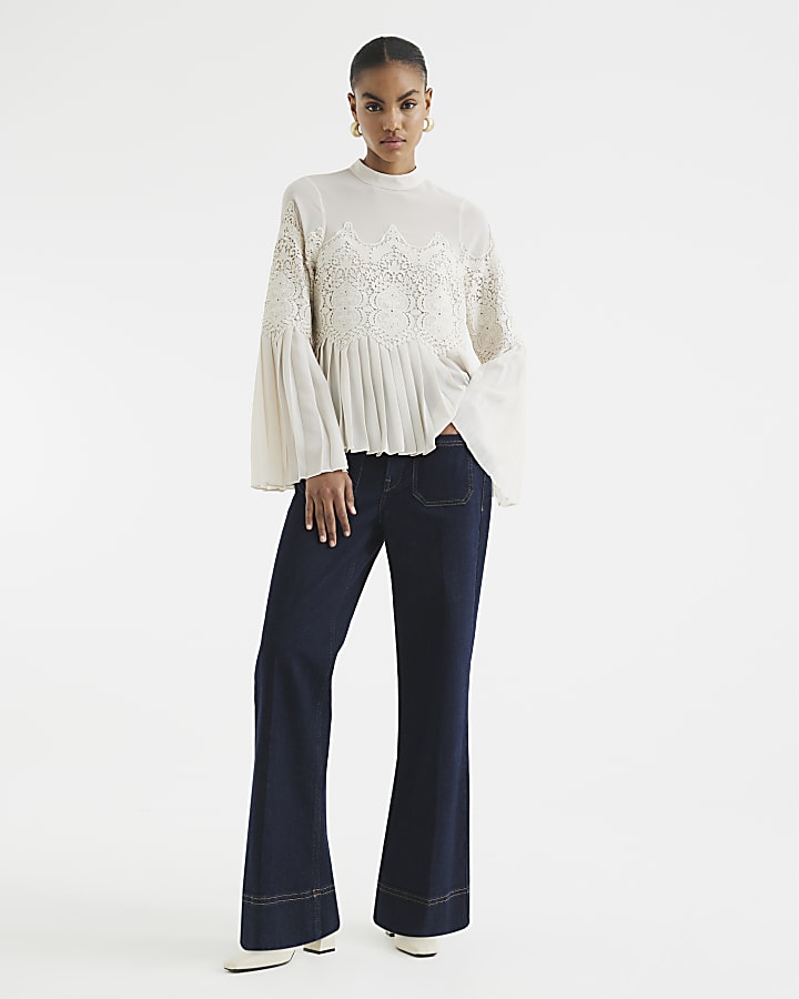 Cream Lace Applique Pleated Blouse