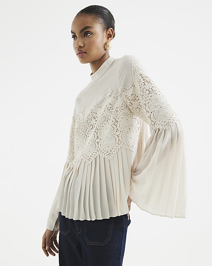 Cream Lace Applique Pleated Blouse