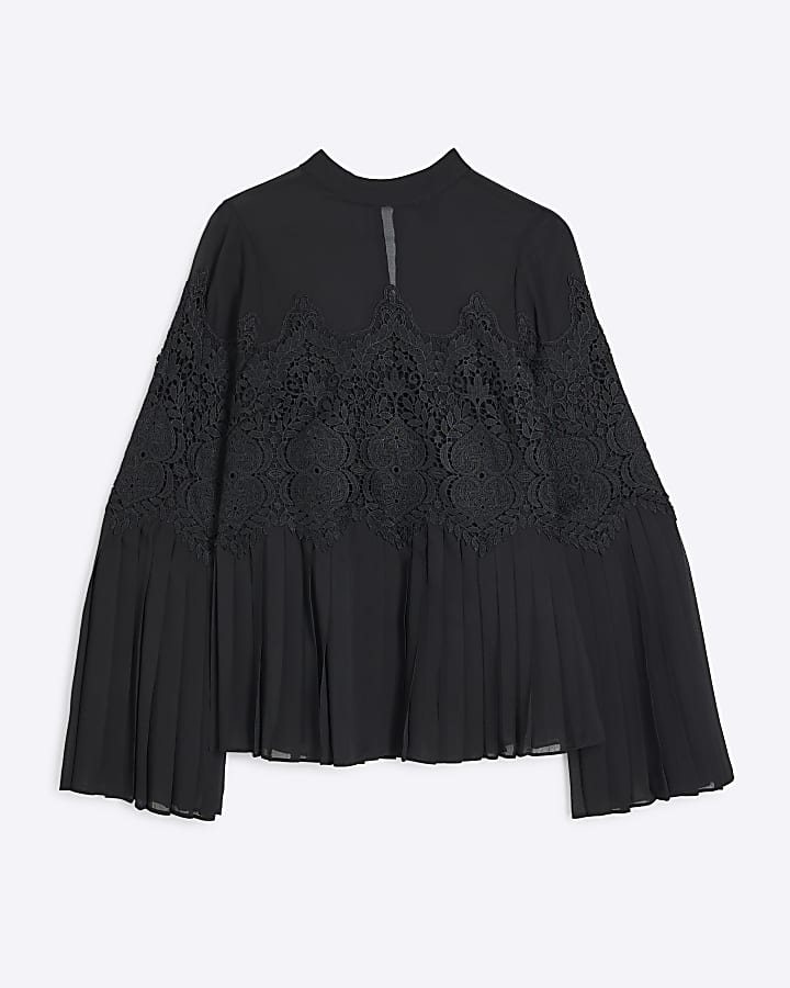 Black Lace Applique Pleated Blouse