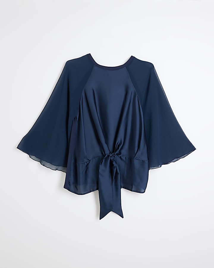 Blue Satin Hybrid Tie Front Top