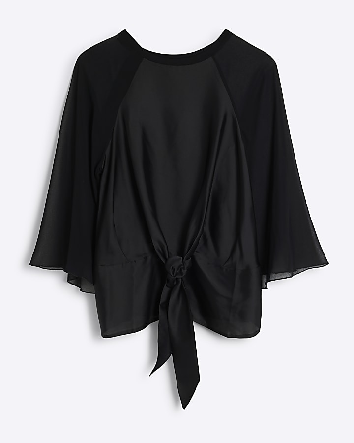 Black Long Sleeve Tie Front Top