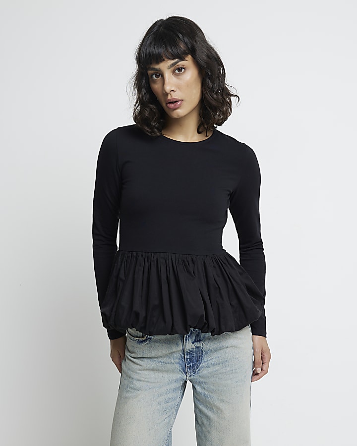 Black Bubble hem Long sleeve Top