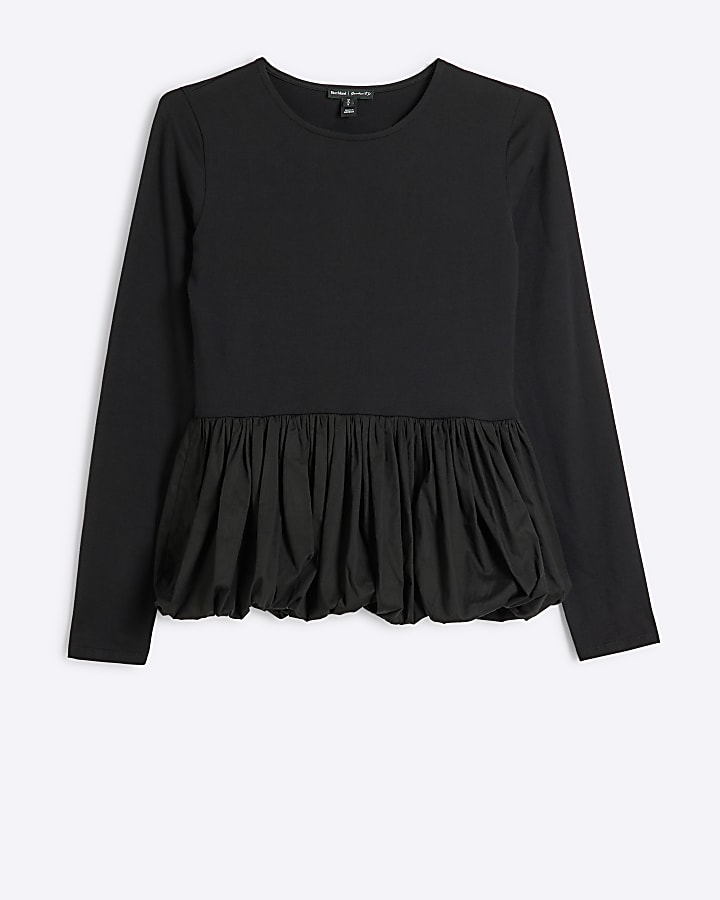 Black Bubble hem Long sleeve Top