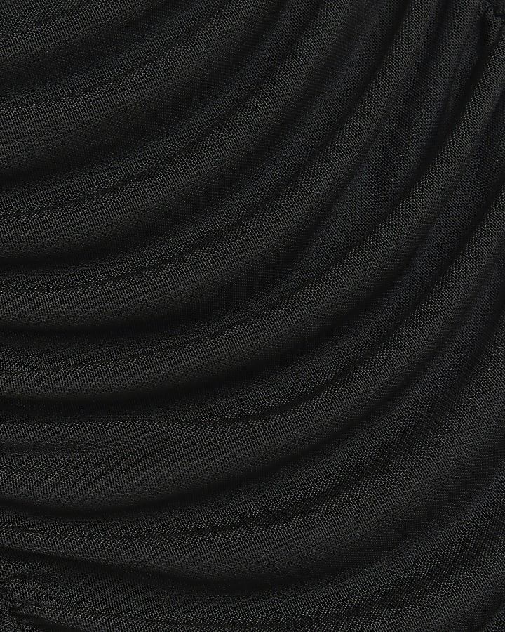 Black High Neck Ruched Mesh Top