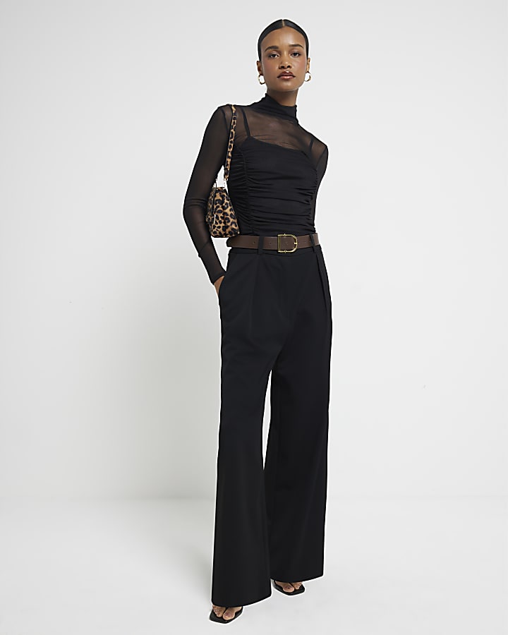 Black High Neck Ruched Mesh Top