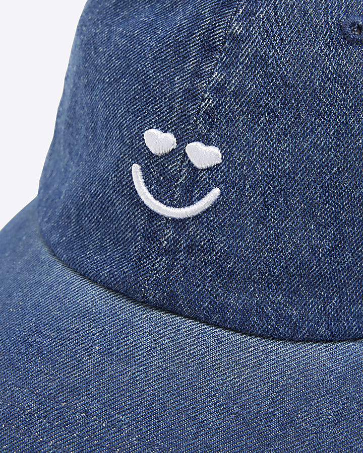 Blue Denim Smile Embroidered Cap