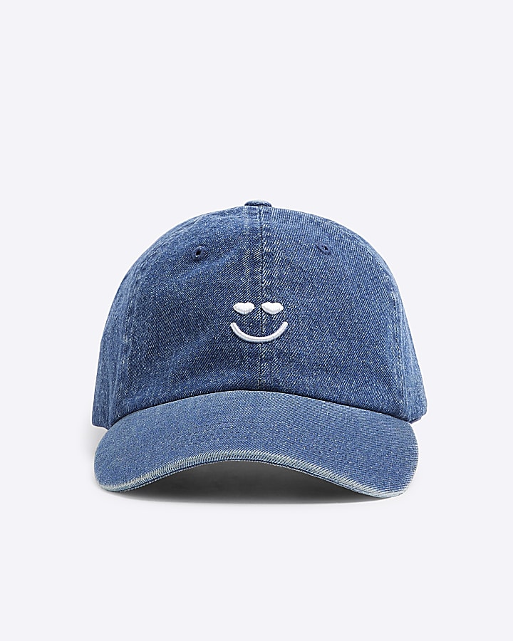 Blue Denim Smile Embroidered Cap