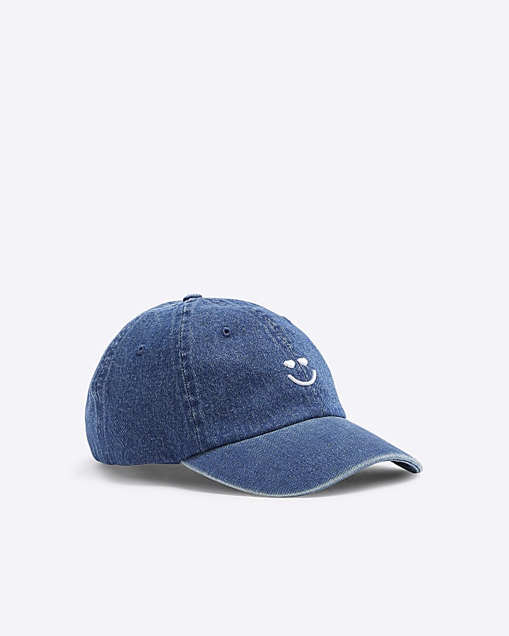 Blue Denim Smile Embroidered Cap