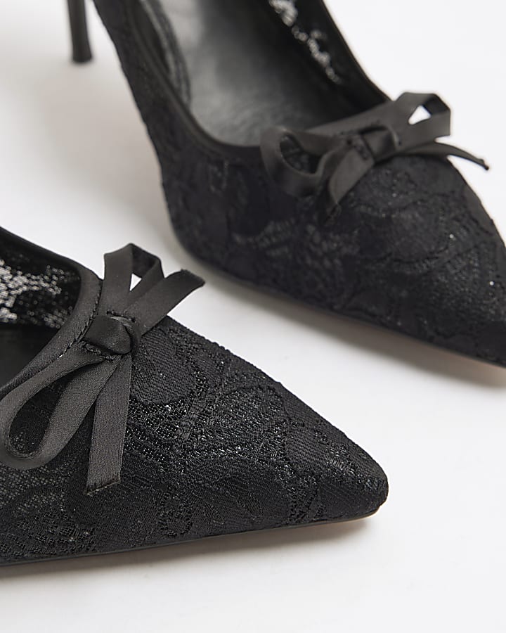 Black Lace Pointed Bow Heel Mule Shoes