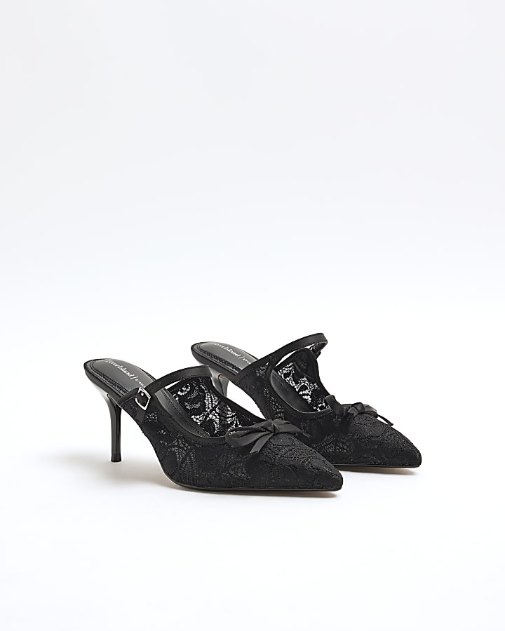 Black Lace Pointed Bow Heel Mule Shoes