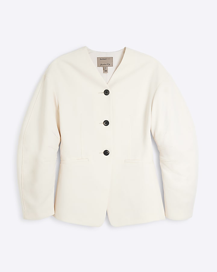 Cream Puffed Sleeve Tailored Blazer