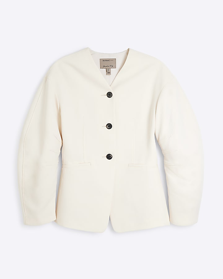 Cream Puffed Sleeve Tailored Blazer