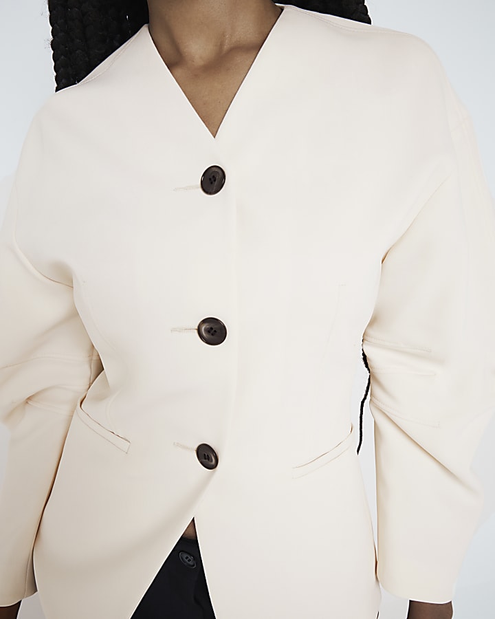 Cream Puffed Sleeve Tailored Blazer