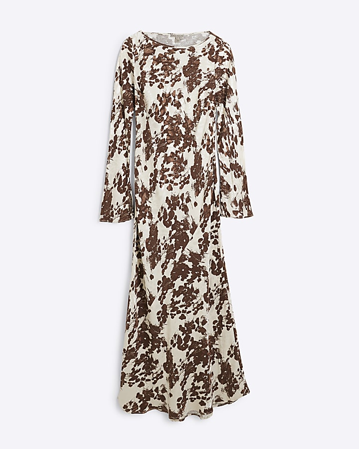 Petite Brown abstract print maxi dress