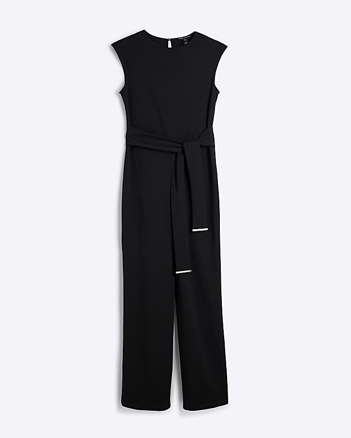 Black Short Sleeved Belted Jumpsuit