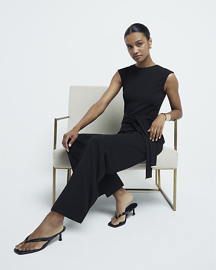 Black Short Sleeved Belted Jumpsuit