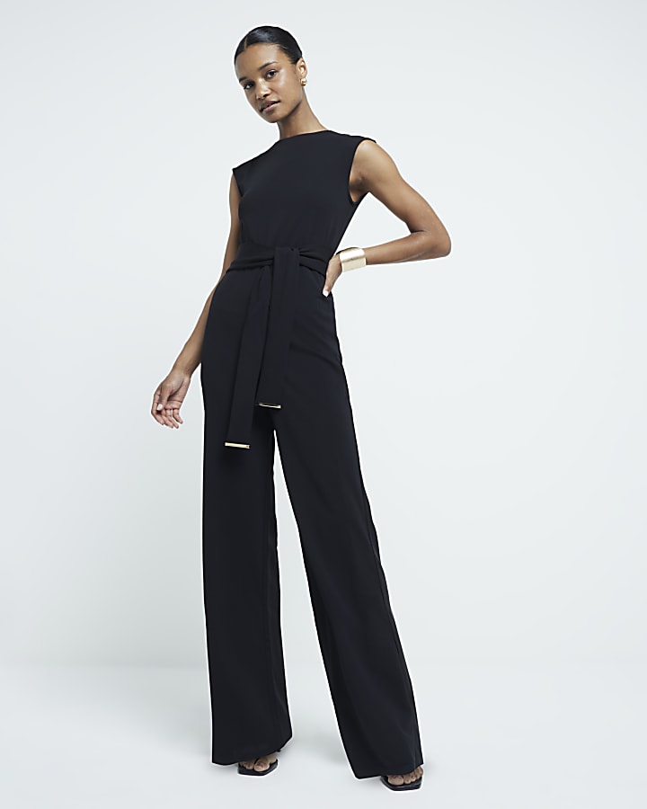 Black Short Sleeved Belted Jumpsuit