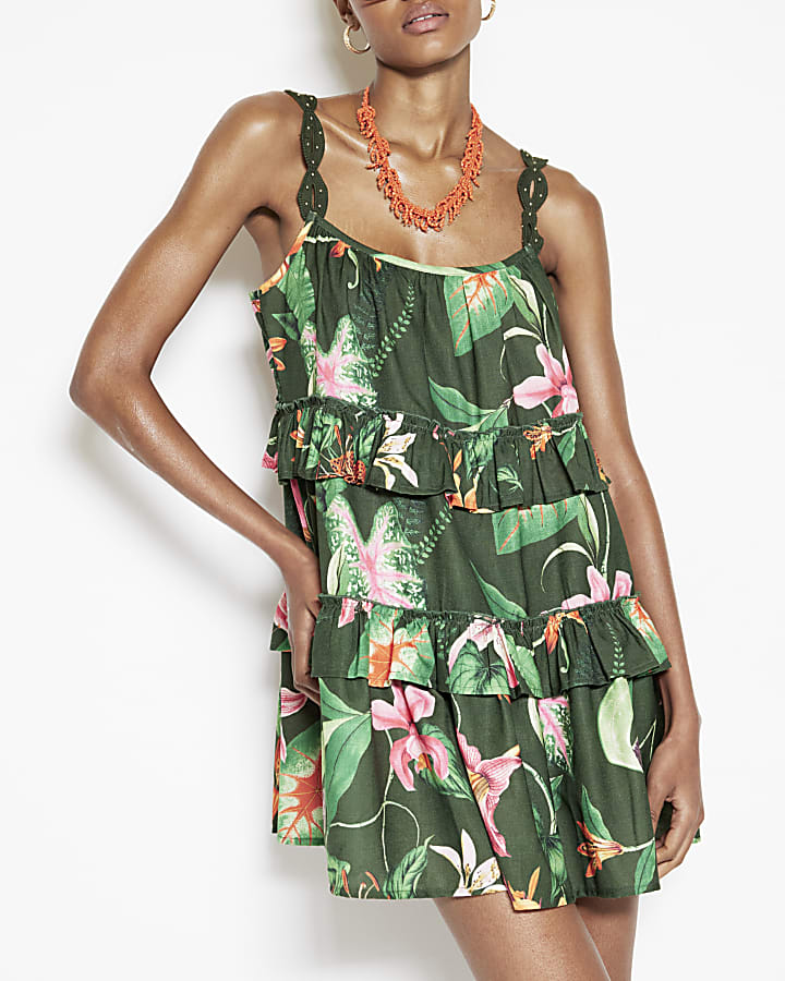 Green Botanical Print Tiered Mini Dress