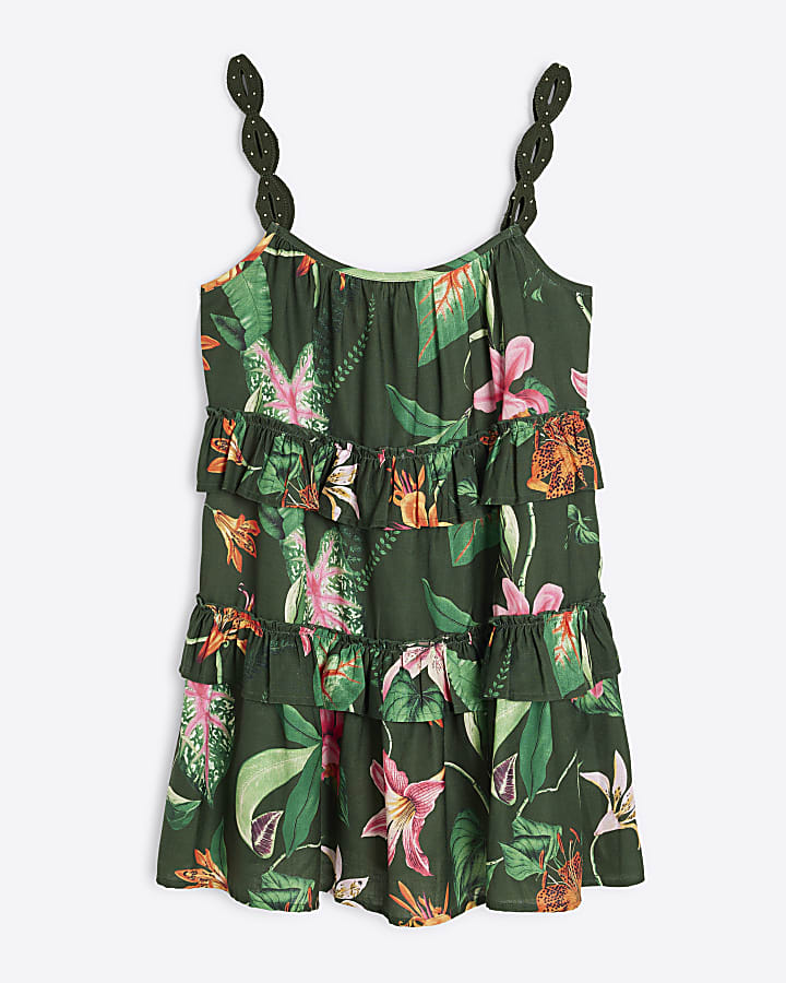 Green Botanical Print Tiered Mini Dress