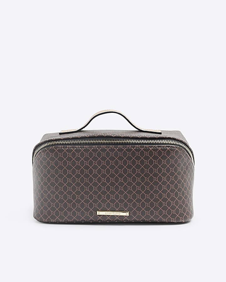 Brown Faux Leather RI Monogram Make Up Bag