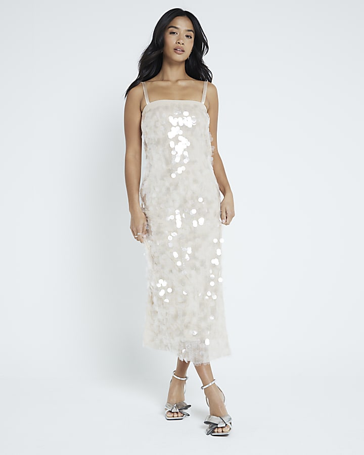 Petite Cream Sequin Slip Dress