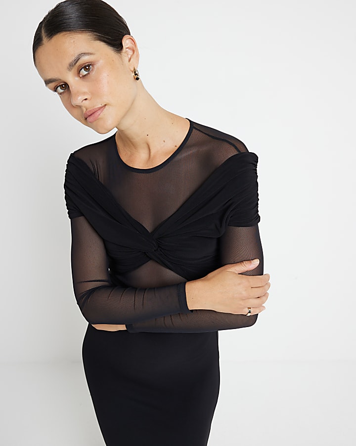 Black Mesh Bow Detail Midi Dress