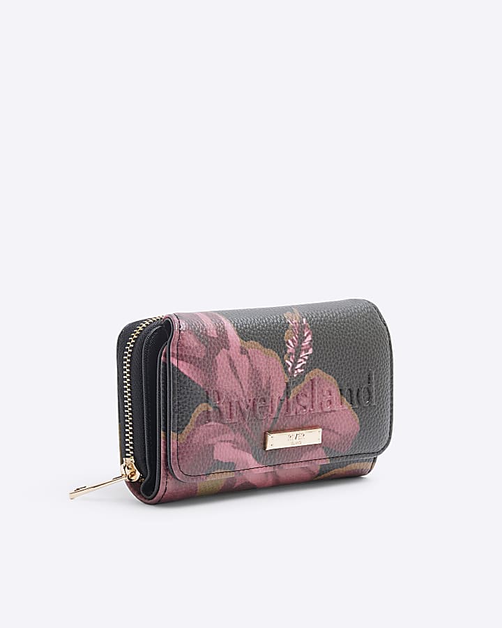 Black Floral Embossed Flap Purse