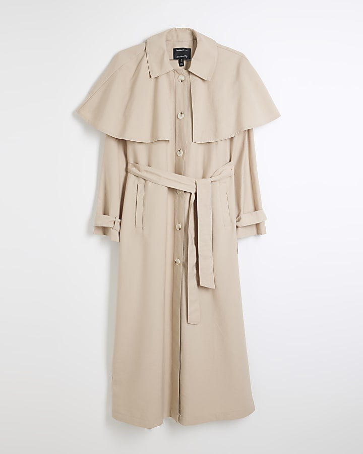 Beige belted longline cape trench coat