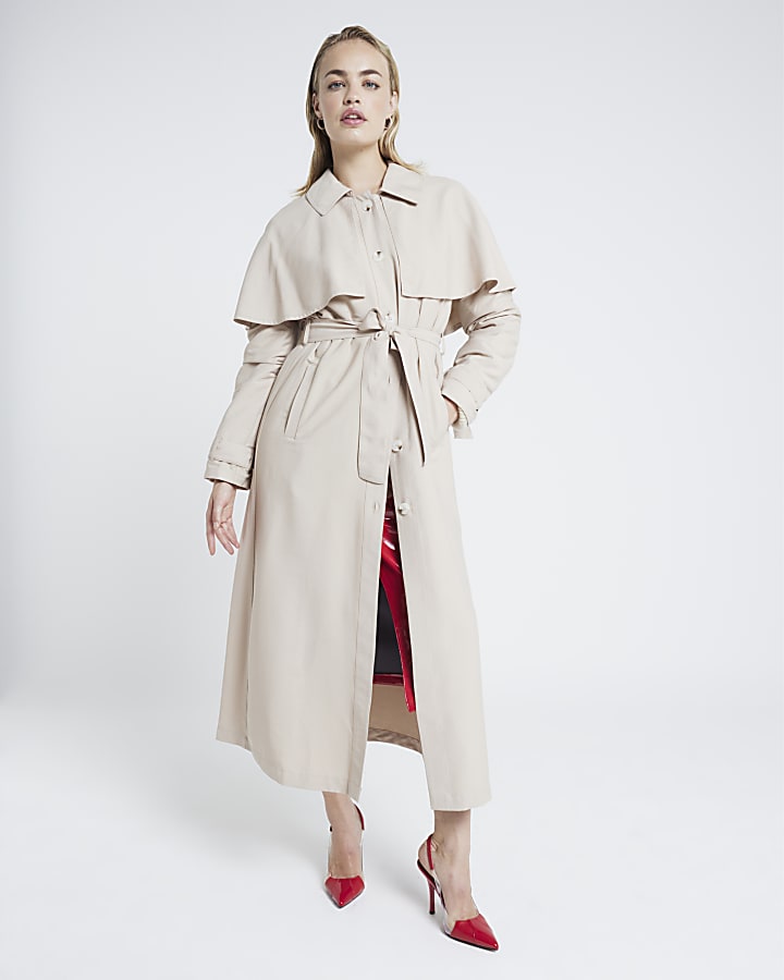 Beige belted longline cape trench coat