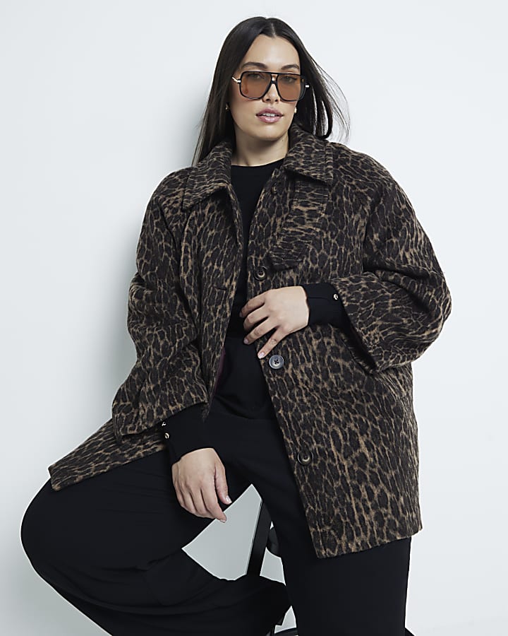 Plus Brown Leopard Funnel Neck Coat