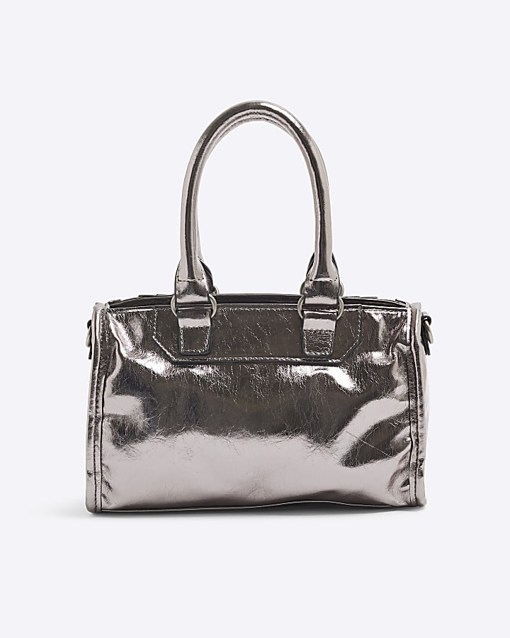 Silver Faux Leather Charm Tote Bag