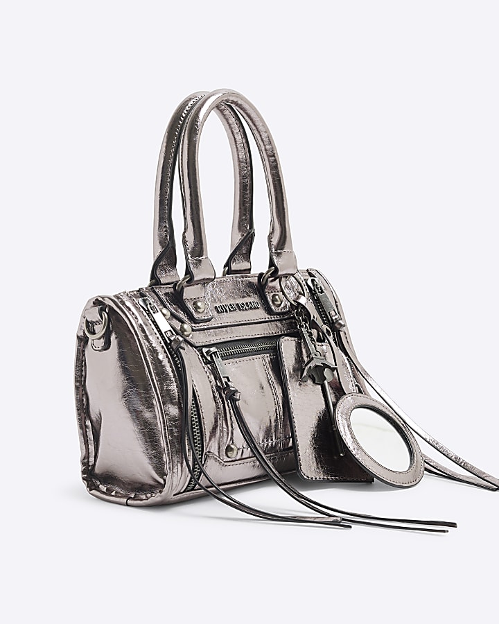 Silver Faux Leather Charm Tote Bag