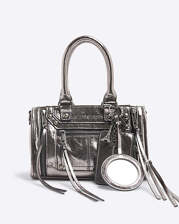 Silver Faux Leather Charm Tote Bag