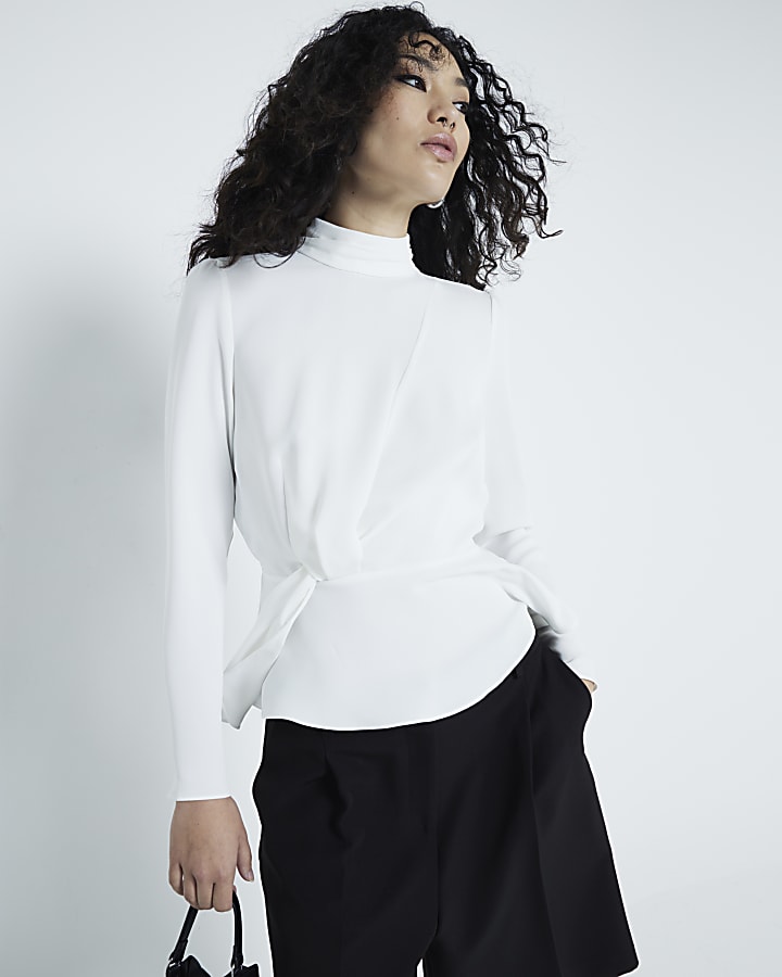 White Drape front long sleeve Top