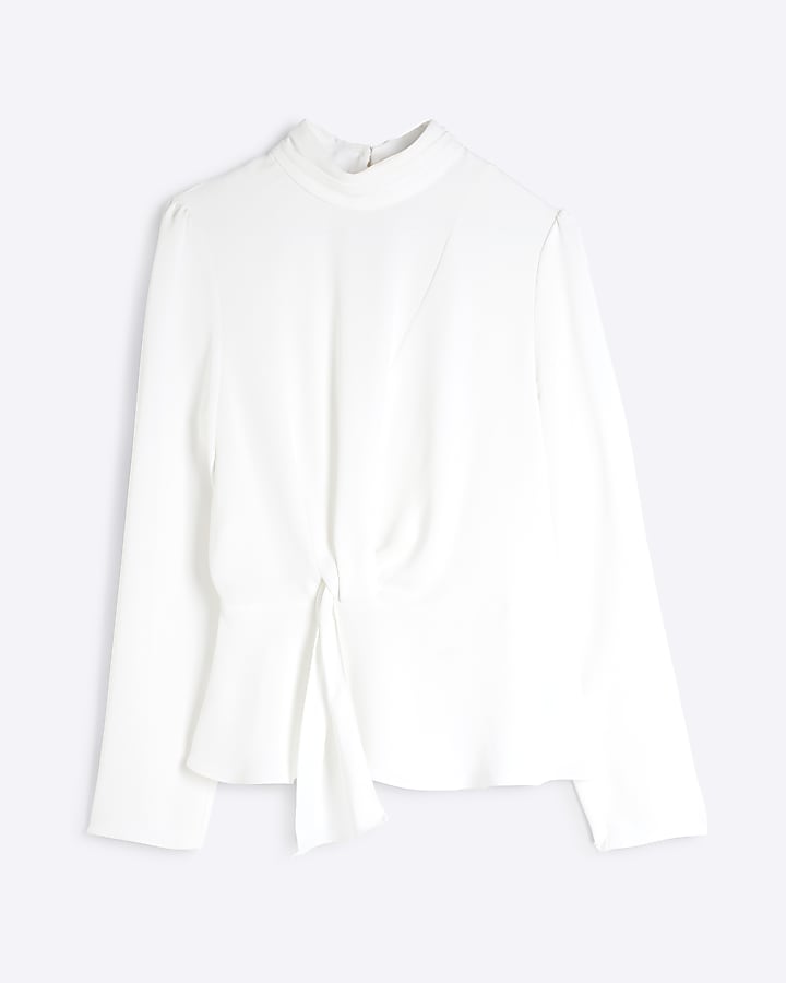 White Drape front long sleeve Top