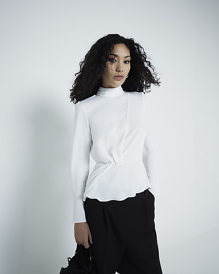 White Drape front long sleeve Top