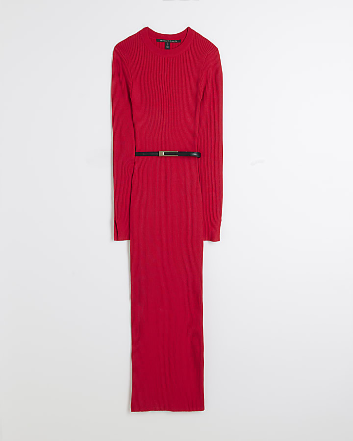 Red Long Sleeve Belted Midi Jumper Dress