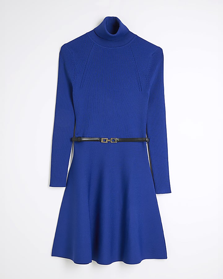 Blue Long Sleeve Belted Jumper Dress