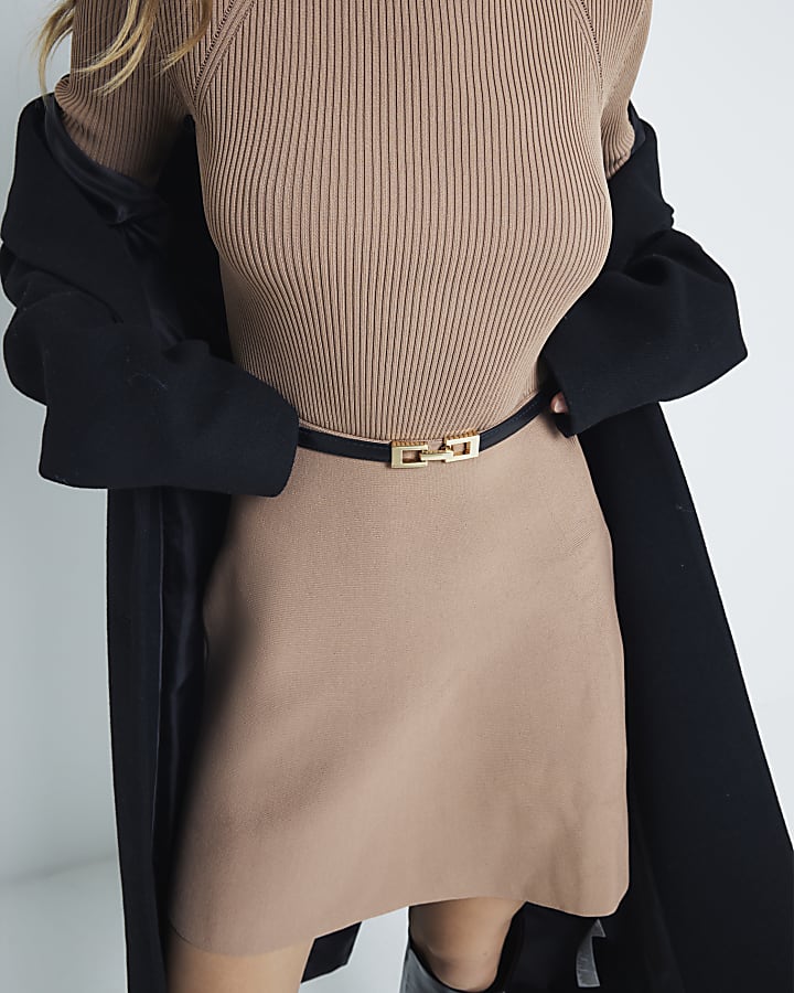 Beige Long Sleeve Belted Mini Jumper Dress