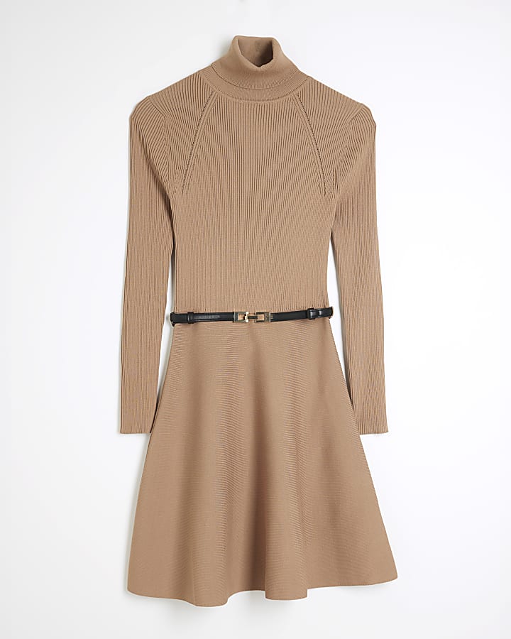 Beige Long Sleeve Belted Mini Jumper Dress