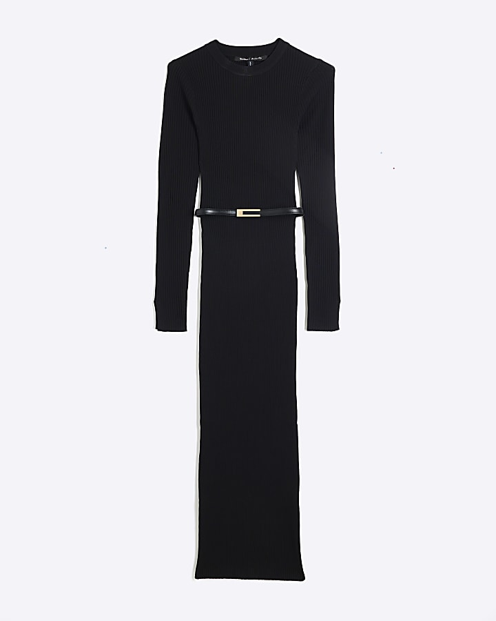 Black Long Sleeve Belted Midi Jumper Dress